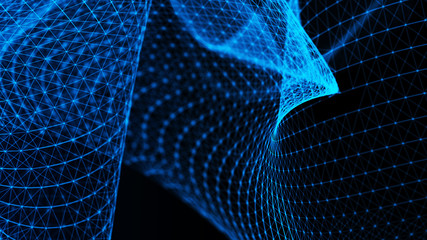 Poster - Abstract tangle of points on blue background. Chaotic waves in outer space. Large data background .3d rendering.