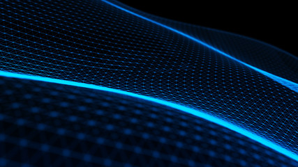 Poster - Abstract tangle of points on blue background. Chaotic waves in outer space. Large data background .3d rendering.