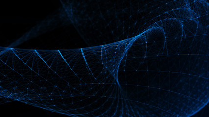 Poster - Abstract tangle of points on blue background. Chaotic waves in outer space. Large data background .3d rendering.