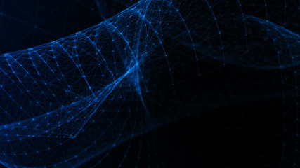 Poster - Abstract tangle of points on blue background. Chaotic waves in outer space. Large data background .3d rendering.