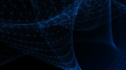 Poster - Abstract tangle of points on blue background. Chaotic waves in outer space. Large data background .3d rendering.