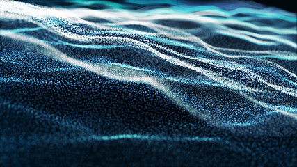 Poster - Abstract tangle of points on blue background. Chaotic waves in outer space. Large data background .3d rendering.