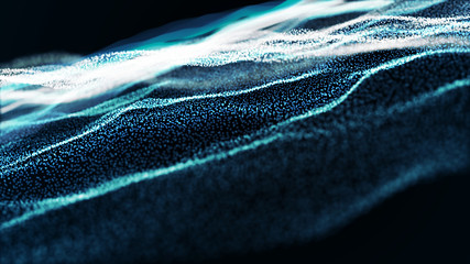 Poster - Abstract tangle of points on blue background. Chaotic waves in outer space. Large data background .3d rendering.