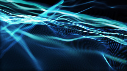 Poster - Abstract tangle of points on blue background. Chaotic waves in outer space. Large data background .3d rendering.