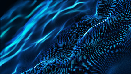 Poster - Abstract tangle of points on blue background. Chaotic waves in outer space. Large data background .3d rendering.