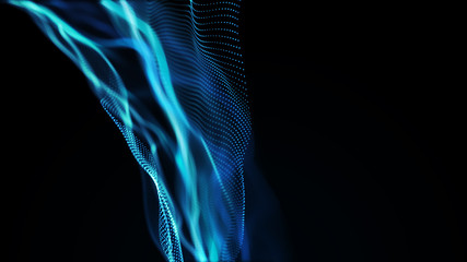 Poster - Abstract tangle of points on blue background. Chaotic waves in outer space. Large data background .3d rendering.
