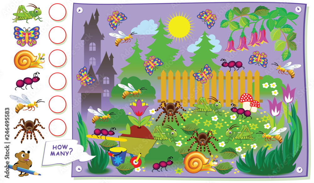Printable educational page for kids. How many insects hide in the ...