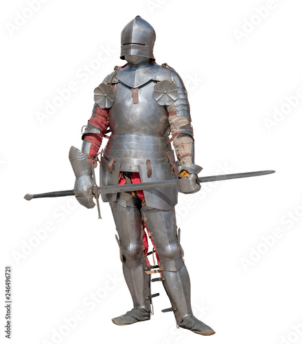 Fotografía Knight in shiny metal armor on white background.