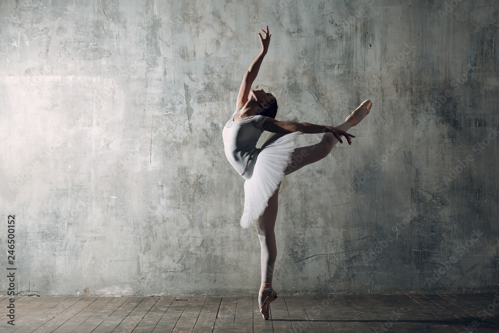 Ballerina female. Young beautiful woman ballet dancer, dressed in professional outfit, pointe shoes and white tutu. - obrazy, fototapety, plakaty 
