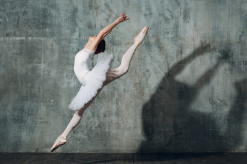 Jumping ballerina . Young beautiful woman ballet dancer, dressed in professional outfit, pointe shoes and white tutu.