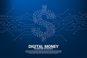Poster - Vector money dollar icon from dot connect line circuit board style. Concept for financial network connection.