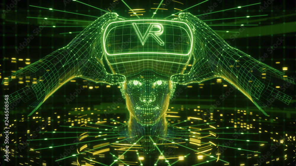 3D render of virtual man holding virtual reality glasses surrounded by virtual data with neon green lines and dots. Player begins the VR game. VR experience.