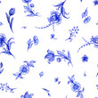 Seamless pattern of blue flowers on a white background, an ornament in the Dutch style, Delft, Gzhel, Japanese porcelain, background for different designs: dishes, fabrics, etc.