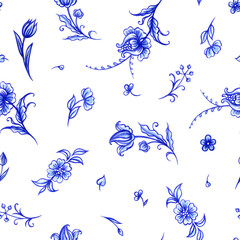 Wall Mural - Seamless pattern of blue flowers on a white background, an ornament in the Dutch style, Delft, Gzhel, Japanese porcelain, background for different designs: dishes, fabrics, etc.