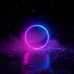 Wall Mural - 3d render, abstract background, cosmic landscape, round portal, pink blue neon light, virtual realit