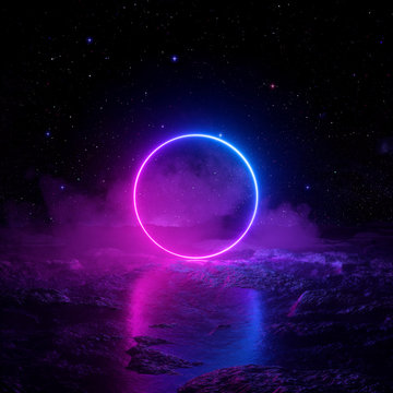 3d render, abstract background, cosmic landscape, round portal, pink blue neon light, virtual realit