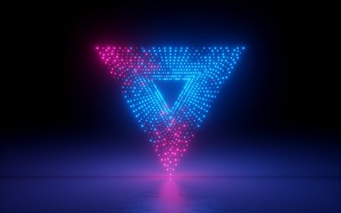 3d render, abstract background, ultraviolet spectrum, triangle portal, glowing dots, screen pixels, neon lights, virtual reality, vibrant colors, laser show, isolated on black, floor reflection