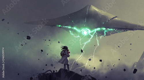 Cuadros en Lienzo sci-fi scene of young mother carrying her baby looking at the spaceship in the s
