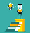 © paper_owl - Businessman with idea light bulb stands on top stairs made of books. Creativity, career growth through education. Flat style vector illustration