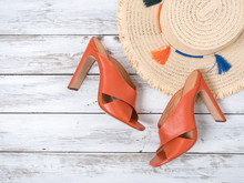 Womens Accessories,  Footwear  (straw Hat, Open Toe Criss Cross Leather Mule Heels Shoes). Fashion Outfit, Spring Summer Collection. Shopping Concept. Flat Lay, View From Above