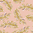 Pretty tossed leaves pattern. Seamless repeating. Hand drawn vector illustration.  Sketchy leaf branch lineart in decorative  mustard yellow pink muted tones. For botanical summer garden home decor.