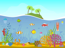 Marine World Background Vector Illustration. Underwater Elements, Seaweed Sand And Moss, Jellyfish, Sea Horse And Zebrafish, Crab, Turtle Cartoon. Deserted Island With Palms And Plants.