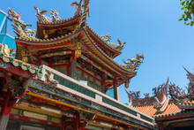 Close Up Detailed Of Elaborate Architecture Of Longshan Temple In Taipei, Taiwan