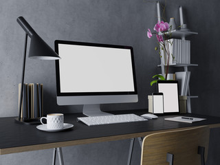 Wall Mural - 3d render of ready to use mock up template of empty white screen for your apps design on modern space with pc, tab and phone on the right on sleek work desk and concrete wall in three quarter view