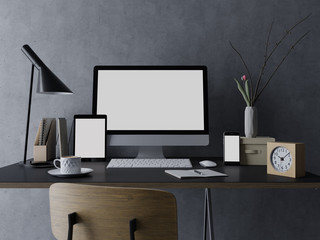 Wall Mural - 3d rendering mock up template of blank white screen of computer, tablet on the left and smart phone on the right for your portfolio in stylish interior workspace on clean designer desk in front view