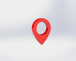 LOCATION pin glossy red arrow. The concept of tagging a sign landmark needle tip to create a route search. Isolated on white background 3D rendering 3D.