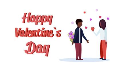 Wall Mural - boyfriend hiding flowers bouquet behind back couple in love happy valentines day concept african american man woman lovers over heart shapes greeting card horizontal