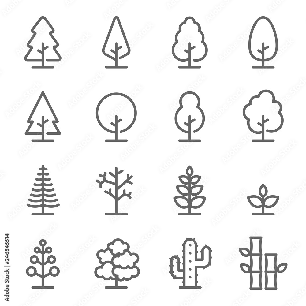 Tree Vector Line Icon Set. Contains such Icons as Wood, Plant, Pine, Cactus, Bamboo and more. Expanded Stroke - obrazy, fototapety, plakaty 