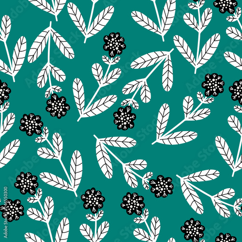Cotton fabric Seamless pattern with cute doodle flowers and leaves, vector