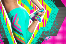 Young Sporty Woman Fitness Model In Bright Sports Tights And Sneakers Stretching Legs Before Run On A Bright Pop Art Geometric Background In The Music Style.Sports Concept On The Topic Zine Culture.