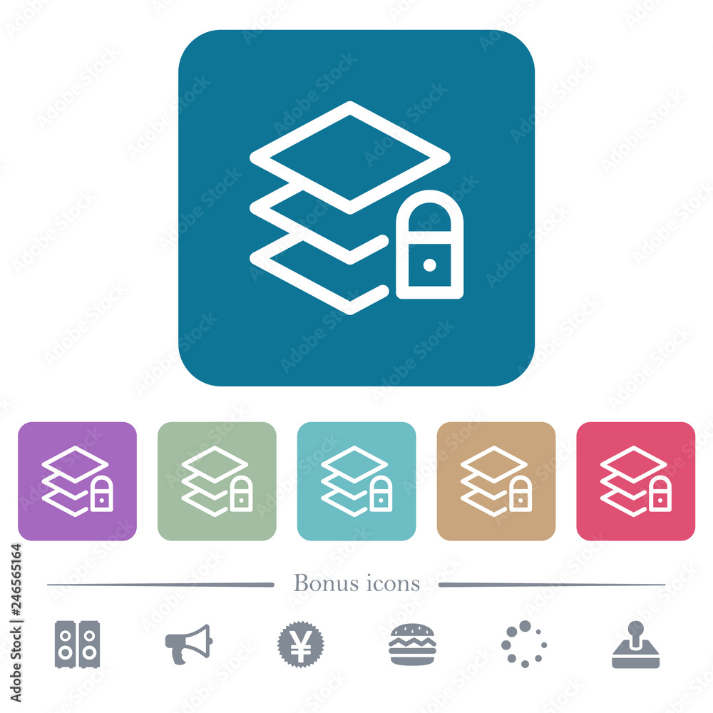 Locked layers flat icons on color rounded square backgrounds