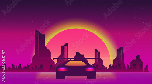 Obraz na płótnie Retro przyszłość, tło sci-fi w stylu lat 80-tych. Futurystyczny samochód.