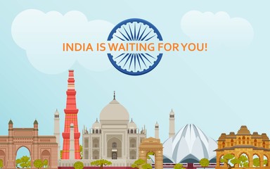 travel in india concept. indian most famous sights set. architectural buildings. famous tourist attr