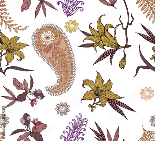 Flower vintagen with paisley seamless pattern background
