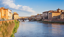 Florence Cityscape. Famous Bridge Ponte Vecchio Over Arno River In Florence, Italy