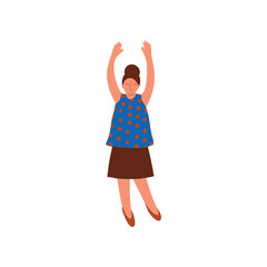 Sticker - Young Woman Wearing Blouse and Skirt Standing with Her Hands Raised Vector Illustration