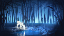 Glowing Deer Drinks Water From The Pond In The Moonlight. Morning Forest. Cartoon Illustration Background. Blue Landscape With Silhouettes Of Trees In The Misty Forest. White Fairy Deer. 3D Rendering.