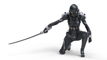 Science Fiction Cyborg Female Kneeling On One Knee Holding A Katana In One Hand. Sci-fi Cyborg Samurai Girl. Young Girl In A Futuristic Black Armor Suit With A Helmet. 3D Rendering On White Background