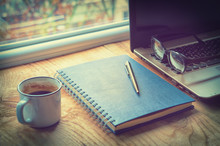 Office Desk Window Coffee Laptop Notebook