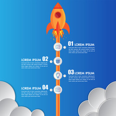 Wall Mural - infographics design template rocket or spaceship launches through the clouds with icons flying up 4 