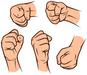 Wall Mural - Cartoon graphic white human hands. Showing knuckle gesture or sign. Isolated on white background. Vector icons set.