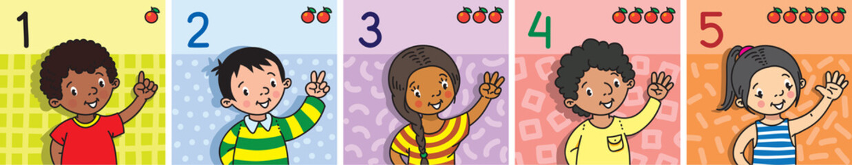 Kids showing numbers 1 to 5 by fingers. Education