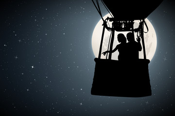 Sticker - Lovers in balloon on moonlit night. Vector illustration with silhouette of loving couple. Full moon in starry sky