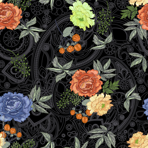 Flowers peony, roses, ornamental grasses and berries paisley background