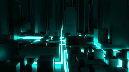 Wall Mural - Neon glowing city rendering. 3D Rendering.