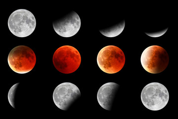 full red moon phases on black background. the total phases of the lunar eclipse.
